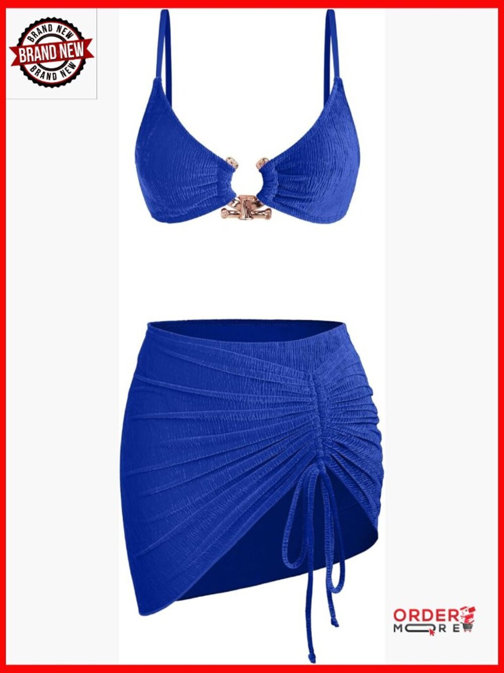 Ruched 3 Piece Bikini Set with Sarong Coverup Metal Ring Detail